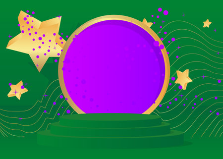 Green, Purple and Gold product display podium. Abstract cylinder pedestal mockup. Stage showcase for presentation. Minimal geometric forms, empty scene.のイラスト素材