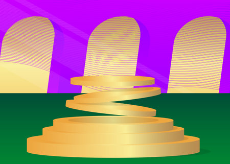 Green, Purple and Gold product display podium. Abstract cylinder pedestal mockup. Stage showcase for presentation. Minimal geometric forms, empty scene.のイラスト素材
