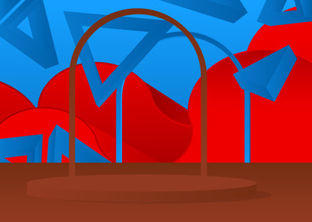 Blue, Red and Brown cylinder pedestal podium. Realistic vector product display. Minimal geometric forms, empty scene mockup stage showcase for presentation.のイラスト素材