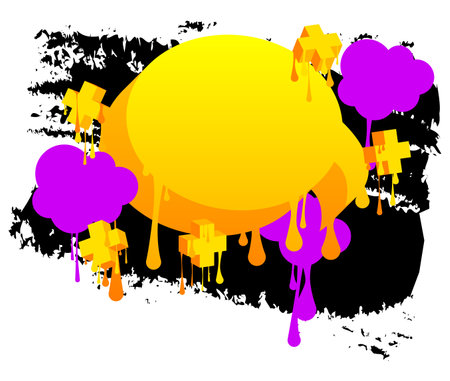 Yellow graffiti speech bubble with purple and black elements. Abstract modern street art design. Discussion, Feedback Message symbol performed in urban painting style.のイラスト素材