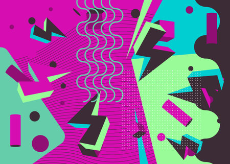 Retro busy abstract geometric poster with simple shapes. Vintage geometrical graphic shapes template.のイラスト素材