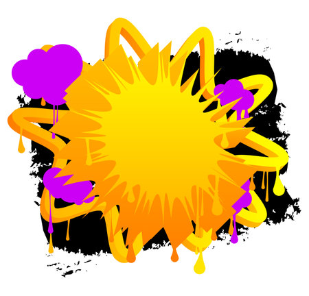 Yellow graffiti speech bubble with purple and black elements. Abstract modern street art design. Discussion, Feedback Message symbol performed in urban painting style.のイラスト素材