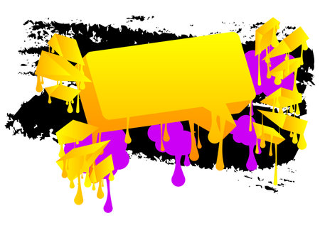 Yellow graffiti speech bubble with purple and black elements. Abstract modern street art design. Discussion, Feedback Message symbol performed in urban painting style.のイラスト素材