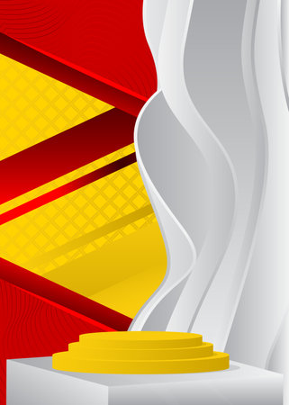 Abstract red, white and yellow product display. Mockup cylinder pedestal podium. Vector stage showcase for presentation. Minimal geometric forms, empty scene.のイラスト素材