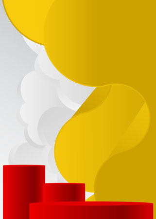 Abstract red, white and yellow product display. Mockup cylinder pedestal podium. Vector stage showcase for presentation. Minimal geometric forms, empty scene.のイラスト素材