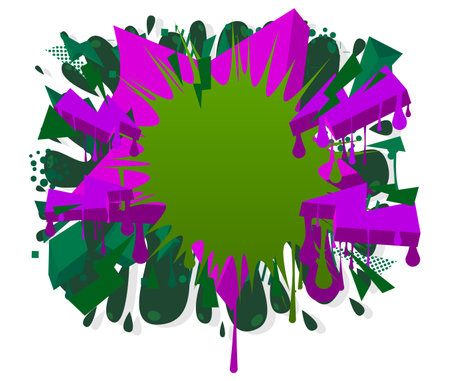 Green graffiti speech bubble with purple elements. Abstract modern street art design. Discussion, Message symbol performed in urban painting style.のイラスト素材
