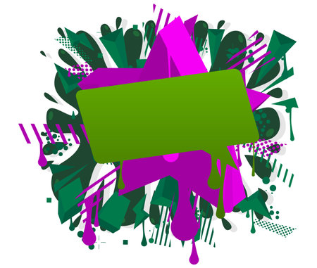 Green graffiti speech bubble with purple elements. Abstract modern street art design. Discussion, Message symbol performed in urban painting style.のイラスト素材