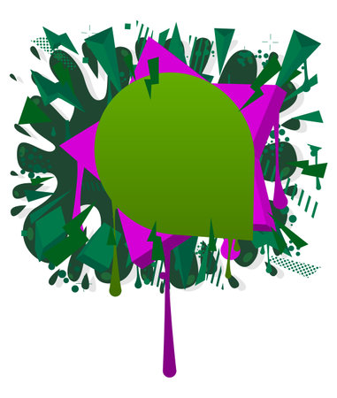 Green graffiti speech bubble with purple elements. Abstract modern street art design. Discussion, Message symbol performed in urban painting style.のイラスト素材