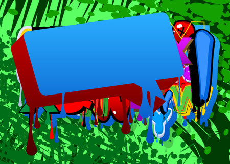 Blue and red Speech Bubble Graffiti on colorful Background. Vector illustration urban painting style backdrop. Abstract discussion symbol in modern dirty street art decoration.のイラスト素材