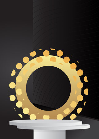 Black, white and gold cylinder pedestal podium. Abstract minimal geometric forms, empty scene. Mockup Stage showcase for product display, presentation.のイラスト素材