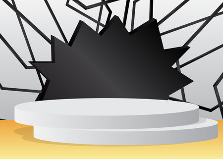 Black, white and gold cylinder pedestal podium. Abstract minimal geometric forms, empty scene. Mockup Stage showcase for product display, presentation.のイラスト素材