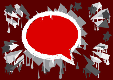 Abstract red Graffiti speech bubble on black and white grungy background. Abstract modern street art decoration performed in urban painting style.のイラスト素材