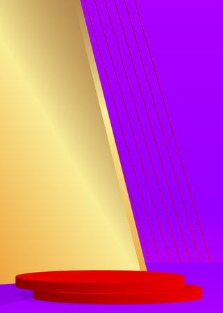 Abstract red, purple and gold pedestal podium. Cylinder stage showcase for presentation. Mockup minimal geometric forms product display.のイラスト素材