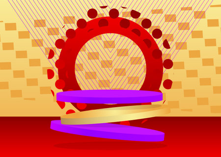 Abstract red, purple and gold pedestal podium. Cylinder stage showcase for presentation. Mockup minimal geometric forms product display.のイラスト素材