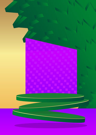 Purple, Green and Gold cylinder pedestal podium. Abstract stage showcase. Futuristic mockup product display for presentation. Minimal geometric forms, empty scene.のイラスト素材