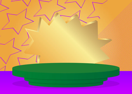 Purple, Green and Gold cylinder pedestal podium. Abstract stage showcase. Futuristic mockup product display for presentation. Minimal geometric forms, empty scene.のイラスト素材