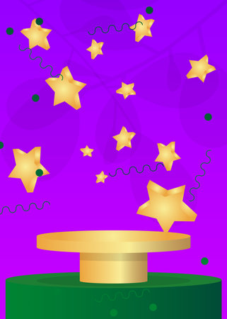 Purple, Green and Gold cylinder pedestal podium. Abstract stage showcase. Futuristic mockup product display for presentation. Minimal geometric forms, empty scene.のイラスト素材