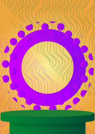 Purple, Green and Gold cylinder pedestal podium. Abstract stage showcase. Futuristic mockup product display for presentation. Minimal geometric forms, empty scene.のイラスト素材