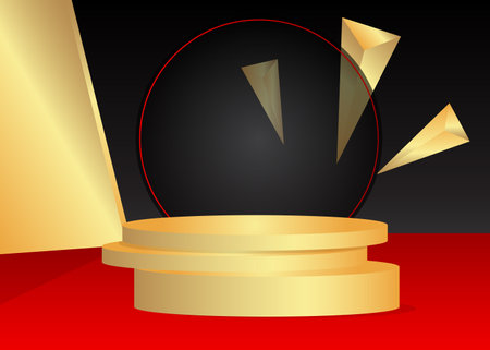 Black, Red and Gold stage showcase for presentation. Abstract cylinder pedestal podium. Minimal geometric mockup product display.のイラスト素材