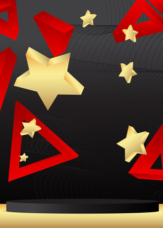 Black, Red and Gold stage showcase for presentation. Abstract cylinder pedestal podium. Minimal geometric mockup product display.のイラスト素材
