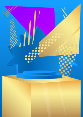 Blue, purple and gold product display. Mockup vector room, cylinder pedestal podium. Abstract stage showcase for presentation. Minimal geometric forms background.のイラスト素材