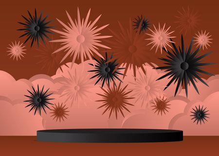 Brown, Black and Light Red product display with flower. Floral cylinder pedestal podium. Abstract Celebration Mockup Stage showcase for presentation with minimal geometric forms.のイラスト素材