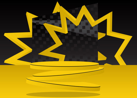 Black and yellow Sci-fi product display. Futuristic Mockup vector 3D room, cylinder pedestal podium. Abstract minimal geometric forms stage showcase for presentation, empty scene.のイラスト素材