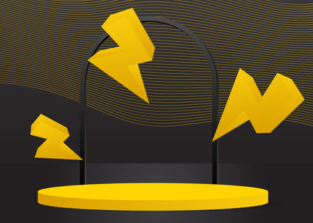 Black and yellow Sci-fi product display. Futuristic Mockup vector 3D room, cylinder pedestal podium. Abstract minimal geometric forms stage showcase for presentation, empty scene.のイラスト素材