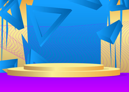 Blue, gold and purple product display. Cylinder pedestal podium. Minimal geometric stage showcase for presentation.のイラスト素材