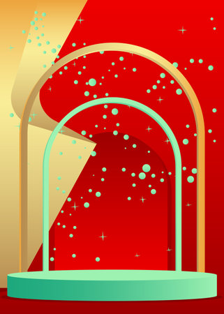 Gold, red and turquoise stage showcase for presentation. Abstract cylinder pedestal podium. Vector mockup product display,  minimal geometric forms, empty scene.のイラスト素材
