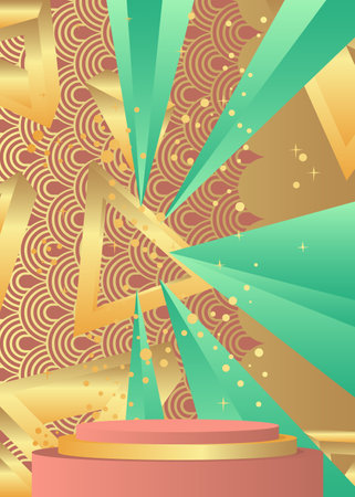 Abstract light red, turquoise and gold cylinder pedestal podium. Stage showcase for presentation with minimal geometric forms, empty scene. Mockup product display.のイラスト素材
