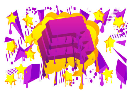 Yellow Speech Bubble Graffiti with purple elements isolated on white Background. Urban painting style backdrop. Abstract discussion symbol in modern dirty street art decoration.のイラスト素材