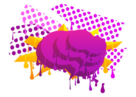 Yellow Speech Bubble Graffiti with purple elements isolated on white Background. Urban painting style backdrop. Abstract discussion symbol in modern dirty street art decoration.のイラスト素材