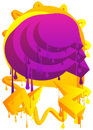 Yellow Speech Bubble Graffiti with purple elements isolated on white Background. Urban painting style backdrop. Abstract discussion symbol in modern dirty street art decoration.のイラスト素材