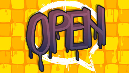 Open. Graffiti tag. Abstract modern street art decoration performed in urban painting style.のイラスト素材