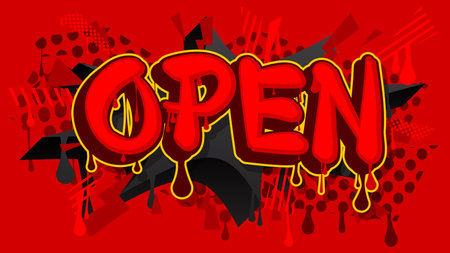 Open. Graffiti tag. Abstract modern street art decoration performed in urban painting style.のイラスト素材