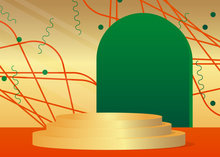 Abstract orange, green and gold stage showcase for presentation. Mockup product cylinder pedestal podium display. Vector minimal geometric forms, empty scene.のイラスト素材