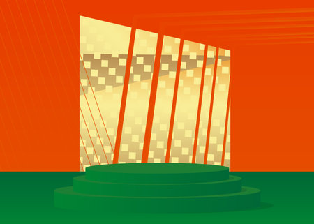 Abstract orange, green and gold stage showcase for presentation. Mockup product cylinder pedestal podium display. Vector minimal geometric forms, empty scene.のイラスト素材