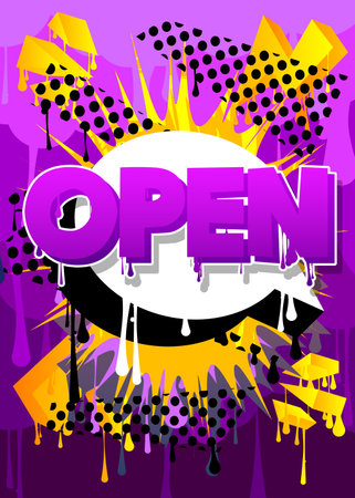 Open. Graffiti tag. Abstract modern street art decoration performed in urban painting style.のイラスト素材