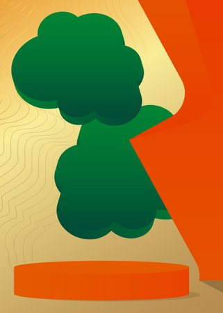 Abstract orange, green and gold stage showcase for presentation. Mockup product cylinder pedestal podium display. Vector minimal geometric forms, empty scene.のイラスト素材