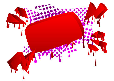 Red Speech Bubble Graffiti with purple elements isolated on white Background. Urban painting style backdrop. Abstract discussion symbol in modern dirty street art decoration.のイラスト素材