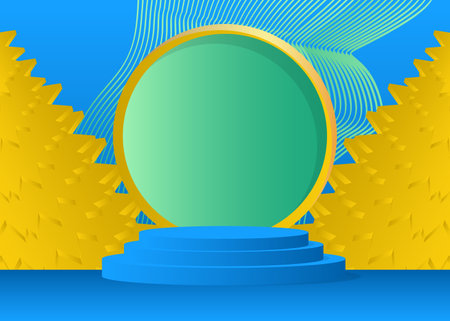 Blue, yellow and turquoise product display cylinder pedestal podium. Mockup realistic vector stage showcase for presentation.のイラスト素材