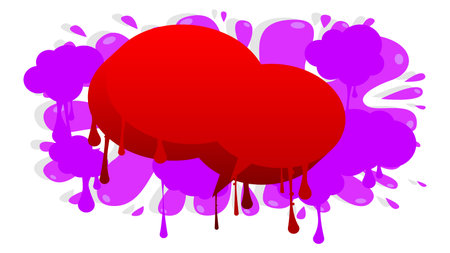 Red Speech Bubble Graffiti with purple elements isolated on white Background. Urban painting style backdrop. Abstract discussion symbol in modern dirty street art decoration.のイラスト素材