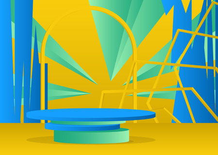 Blue, yellow and turquoise product display cylinder pedestal podium. Mockup realistic vector stage showcase for presentation.のイラスト素材