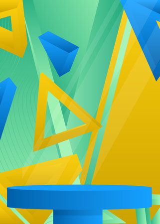 Blue, yellow and turquoise product display cylinder pedestal podium. Mockup realistic vector stage showcase for presentation.のイラスト素材