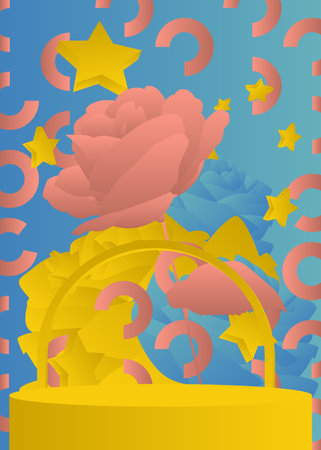 Abstract light red, blue and yellow product display with flower. Mockup stage showcase, cylinder pedestal podium for presentation.のイラスト素材