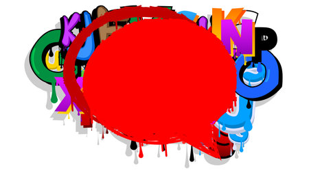 Red Speech Bubble Graffiti with abstract elements Background. Urban painting style backdrop. Discussion symbol in modern dirty street art decoration.のイラスト素材
