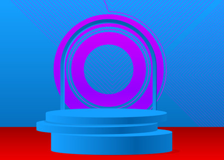 Blue, red and purple minimal geometric forms product display. Sci-fi mockup cylinder pedestal podium. Futuristic stage showcase for presentation.のイラスト素材