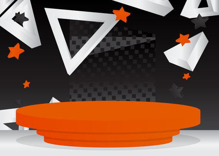 Black, orange and white stage showcase, minimal abstract mockup product display for presentation. Geometric forms, empty scene with cylinder pedestal podium.のイラスト素材