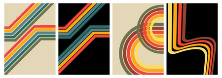 Retro 70s Lines Backgrounds Set. Trendy Minimalistic Vintage 1970s striped design poster. Groovy Old-fashioned rainbow color artwork template collection.のイラスト素材
